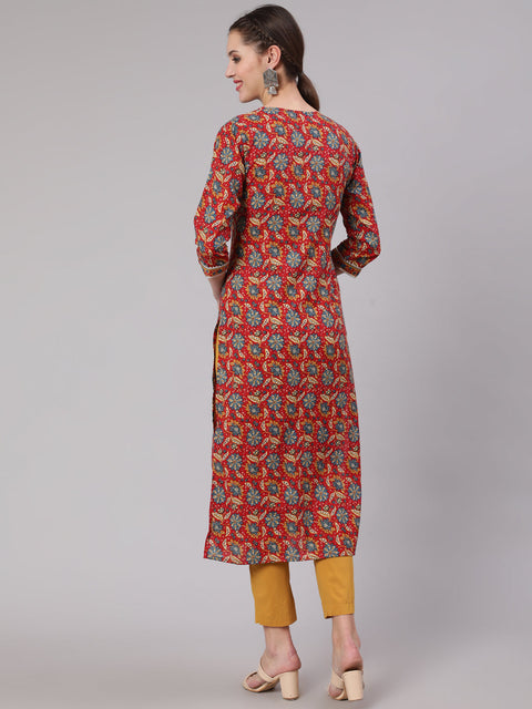 Women Red Printed Straight Kurta With Three Quarter Sleeves