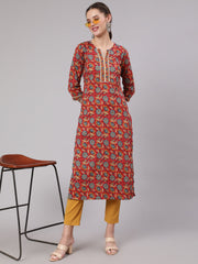 Women Red Printed Straight Kurta With Three Quarter Sleeves