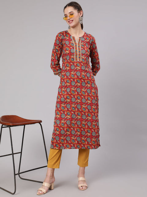 Women Red Printed Straight Kurta With Three Quarter Sleeves