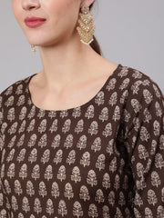 Women Brown Ethnic Printed Straight Kurta With Three Quarter Sleeves