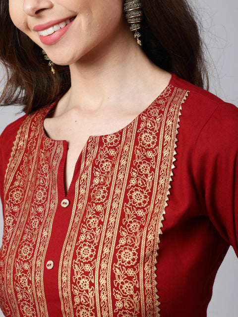 Women Maroon Printed straight kurta with three quarter sleeves