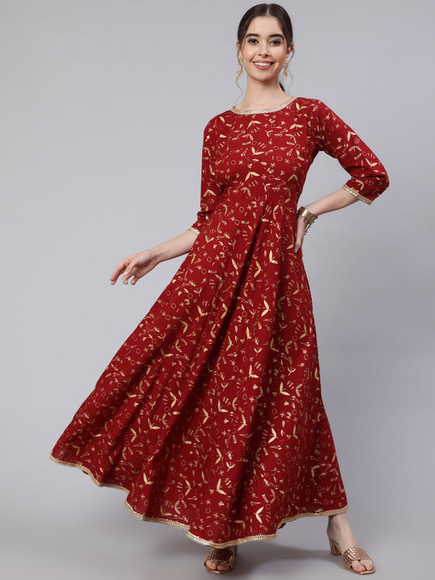 Wome Maroon Printed Flared Dress With Three quarter Sleeves