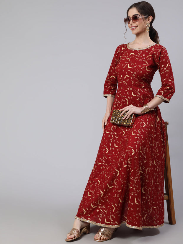 Wome Maroon Printed Flared Dress With Three quarter Sleeves