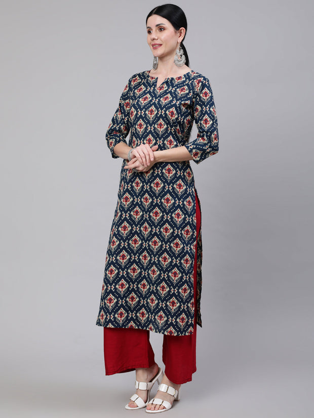 Women Blue Ethnic Printed Straight Kurta With Three Quarter Sleeves