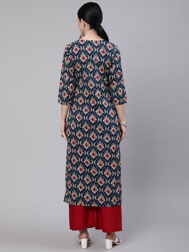 Women Blue Ethnic Printed Straight Kurta With Three Quarter Sleeves