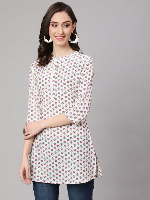 Women Off White Printed Straight Tunic With Three Quarter Sleeves