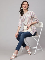 Women Off White Printed Straight Tunic With Three Quarter Sleeves