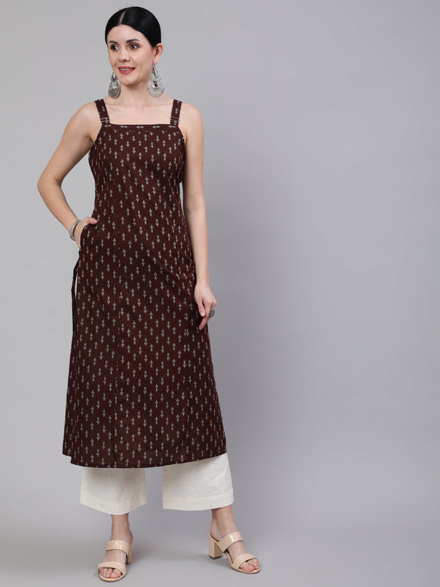 Women Brown Ikat Printed Straight Kurta With Shoulder Straps