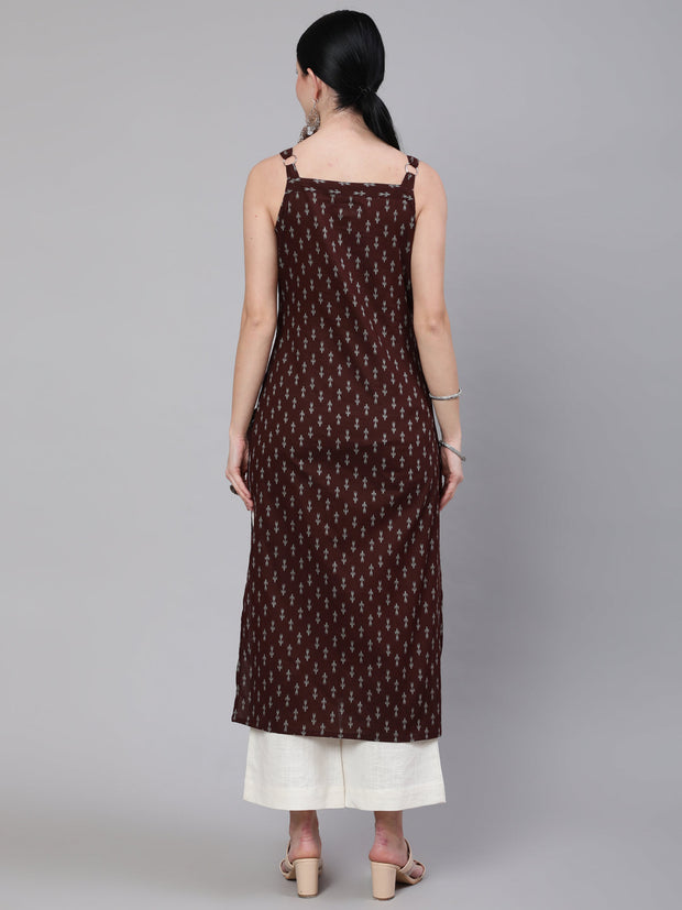 Women Brown Ikat Printed Straight Kurta With Shoulder Straps