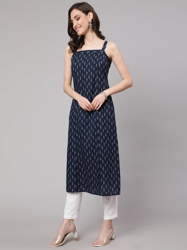 Women Blue Ikat Printed Straight Kurta With Shoulder Straps