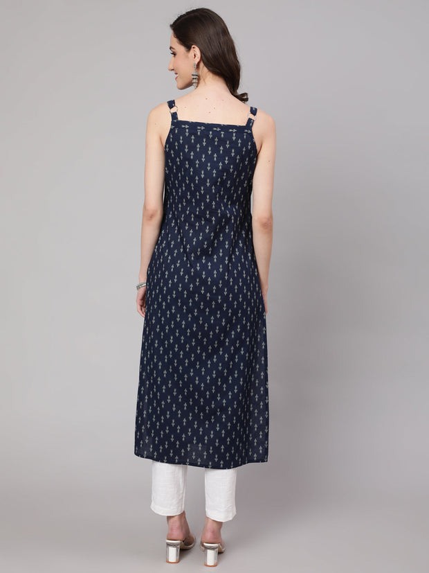 Women Blue Ikat Printed Straight Kurta With Shoulder Straps