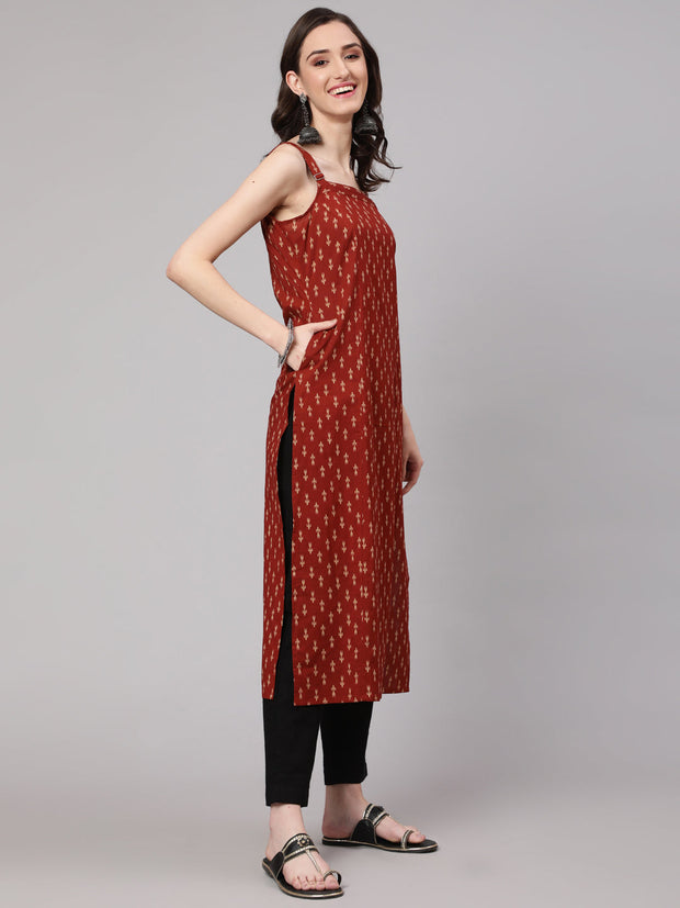 Women Rust Ikat Printed Straight Kurta With Shoulder Straps