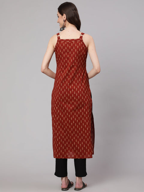 Women Rust Ikat Printed Straight Kurta With Shoulder Straps