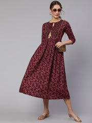 Wome Burgundy Printed Flared Dress With Three quarter Sleeves