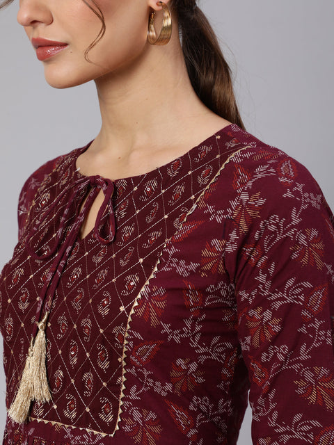Wome Burgundy Printed Flared Dress With Three quarter Sleeves