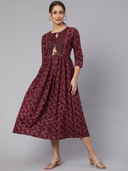 Wome Burgundy Printed Flared Dress With Three quarter Sleeves
