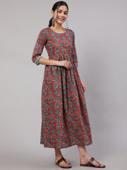 Women Multi Printed Flared Dress With Three quarter Sleeves