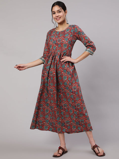 Women Multi Printed Flared Dress With Three quarter Sleeves