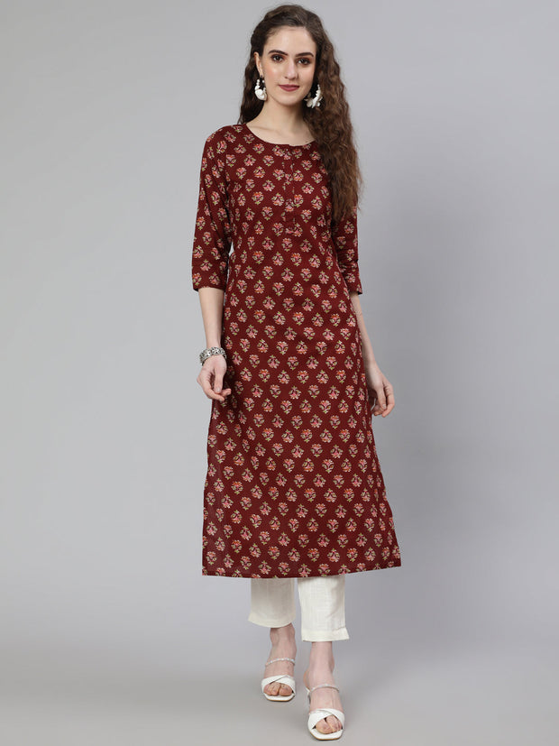 Women Brown Printed straight kurta with three quarter sleeves