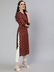Women Brown Printed straight kurta with three quarter sleeves