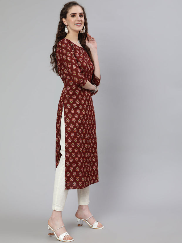 Women Brown Printed straight kurta with three quarter sleeves