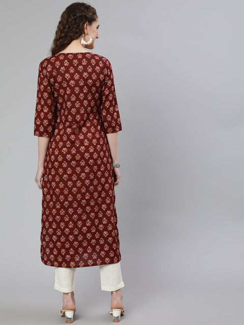 Women Brown Printed straight kurta with three quarter sleeves