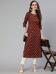 Women Brown Printed straight kurta with three quarter sleeves