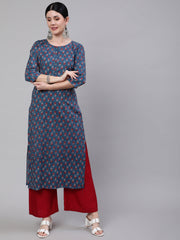 Women Blue Ethnic Printed Straight Kurta With Three Quarter Sleeves