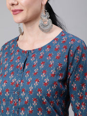 Women Blue Ethnic Printed Straight Kurta With Three Quarter Sleeves