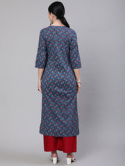 Women Blue Ethnic Printed Straight Kurta With Three Quarter Sleeves