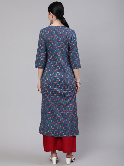 Women Blue Ethnic Printed Straight Kurta With Three Quarter Sleeves