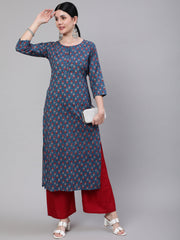 Women Blue Ethnic Printed Straight Kurta With Three Quarter Sleeves