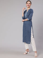 Women Blue Printed straight kurta with three quarter sleeves