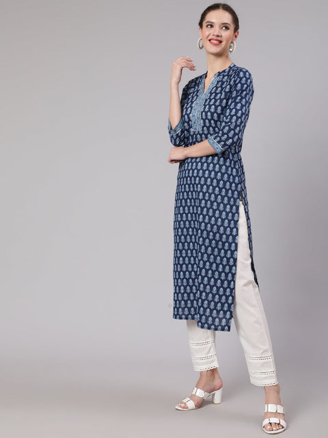 Women Blue Printed straight kurta with three quarter sleeves