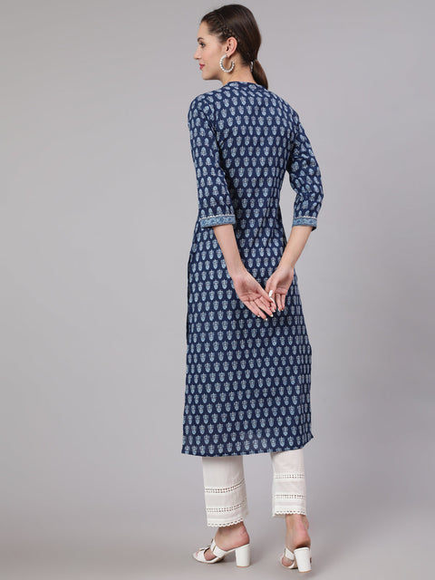 Women Blue Printed straight kurta with three quarter sleeves