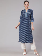 Women Blue Printed straight kurta with three quarter sleeves