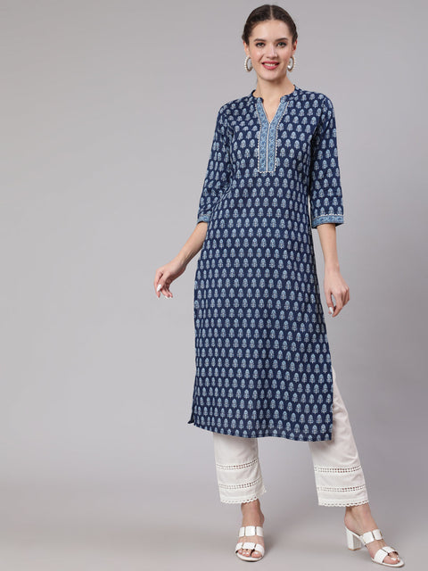 Women Blue Printed straight kurta with three quarter sleeves