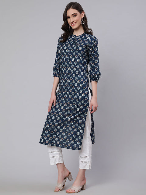 Women Blue Ethnic Printed Straight Kurta with Three Quarter Sleeves