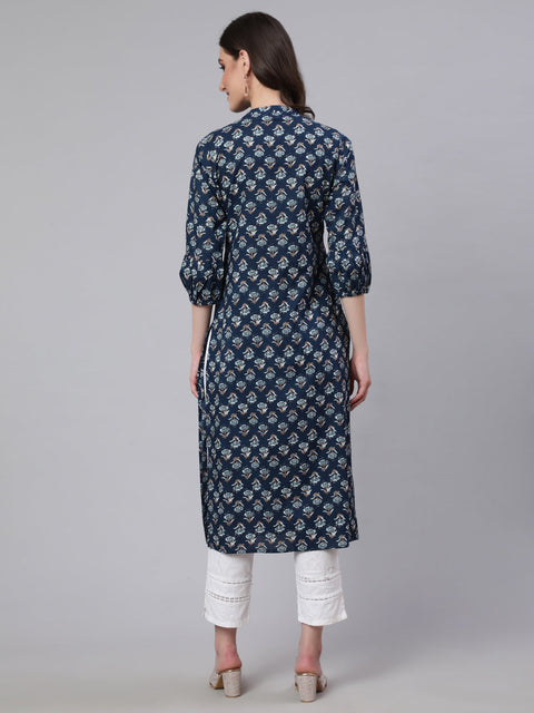 Women Blue Ethnic Printed Straight Kurta with Three Quarter Sleeves