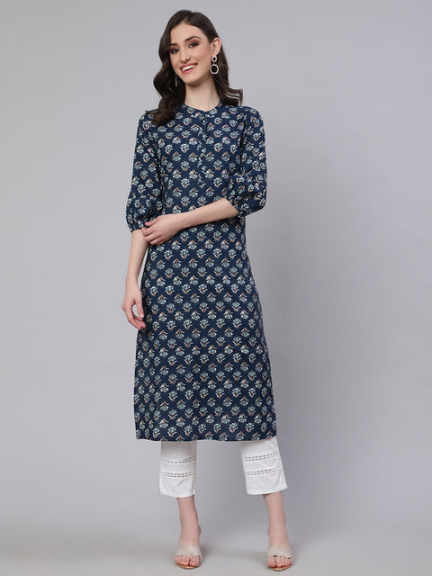 Women Blue Ethnic Printed Straight Kurta with Three Quarter Sleeves