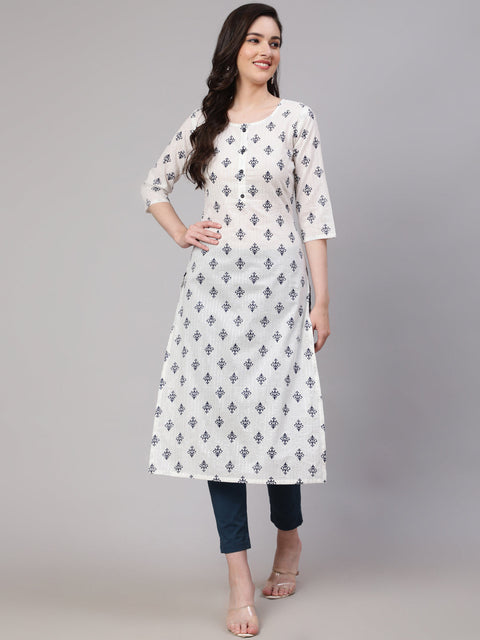 Women Off-White Printed straight Kurta With three qurter sleeves