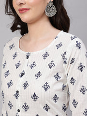 Women Off-White Printed straight Kurta With three qurter sleeves