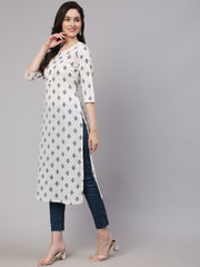 Women Off-White Printed straight Kurta With three qurter sleeves