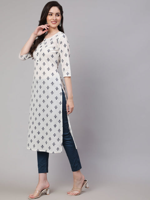 Women Off-White Printed straight Kurta With three qurter sleeves