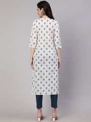 Women Off-White Printed straight Kurta With three qurter sleeves