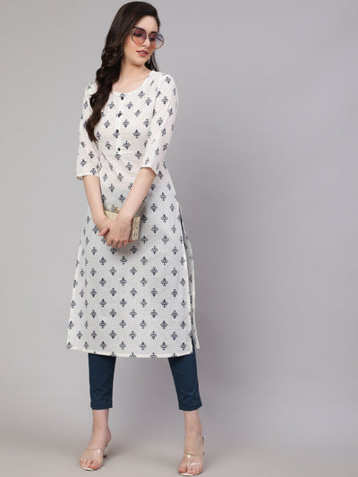 Women Off-White Printed straight Kurta With three qurter sleeves