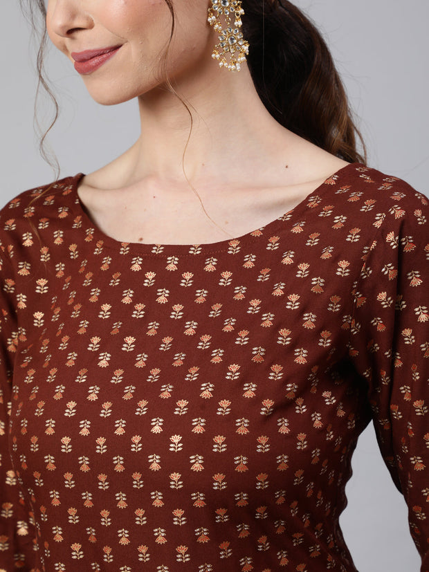 Wome Brown Printed Flared Dress With Three quarter Sleeves