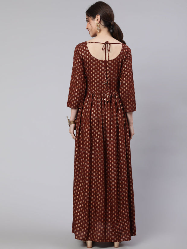 Wome Brown Printed Flared Dress With Three quarter Sleeves