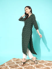 Women Green Ethnic Printed Straight Kurta with Three Quarter Sleeves