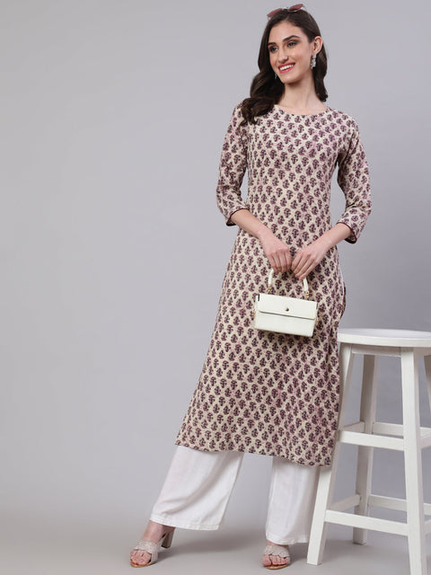 Women Beige Ethnic Printed Straight Kurta With Three Quarter Sleeves